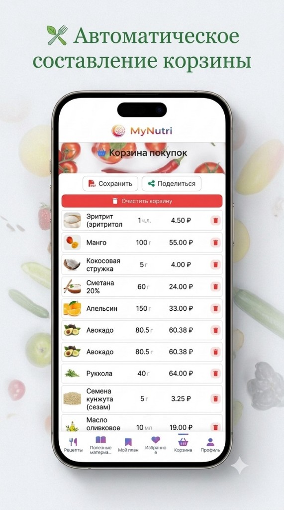 MyNutri: корзина покупок